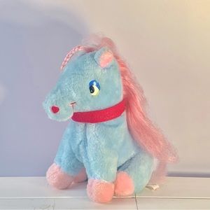 Vintage 80s MTY International Pink & Blue Plush Stuffed Animal Horse Pony